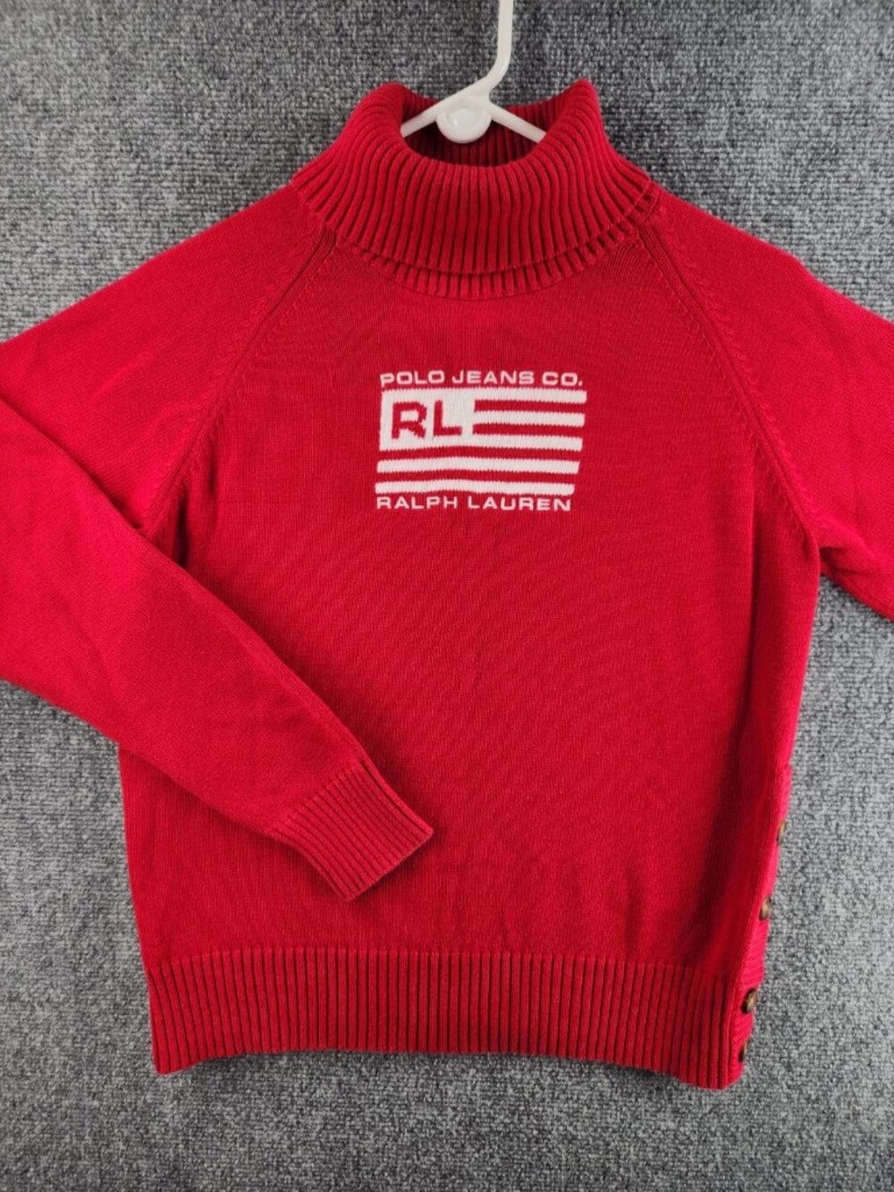 Polo Jeans Co Flag Sweater Women Red XL Mock Turtle Long Sleeve Side Buttons ***